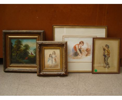 A mid 19th Century watercolour portrait of two standing young girls signed WB, gilt gesso frame, 19th Century watercolour of 