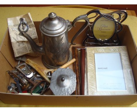A selection of bottle openers and corkscrews to include an EPNS patent example together with an EPNS tea caddy with hammered 