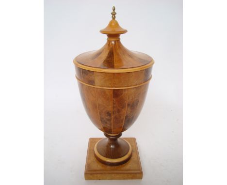 Peter Spicer: A George III style burr walnut and satinwood strung neoclassical style urn and cover, of vase form, on square p