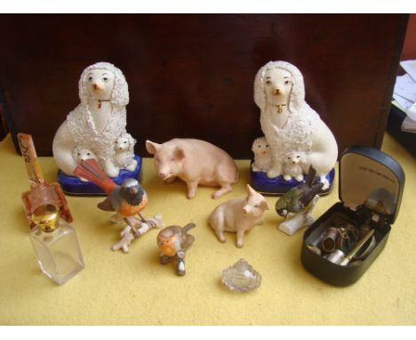 Aynsley Piggy, Aynsley Piglet 1975 and 1978.  Goebel, three birds and two china dogs. 