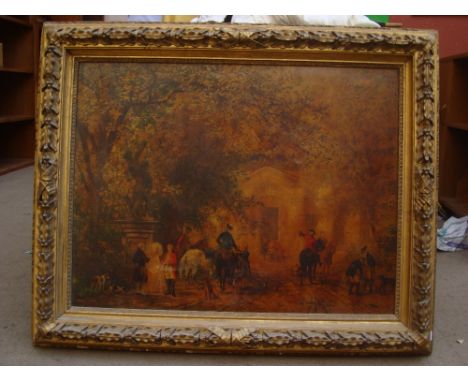 A 20th Century oil on canvas of an 18th Century hunting scene in gilt gesso frame.
57 x 75cm.