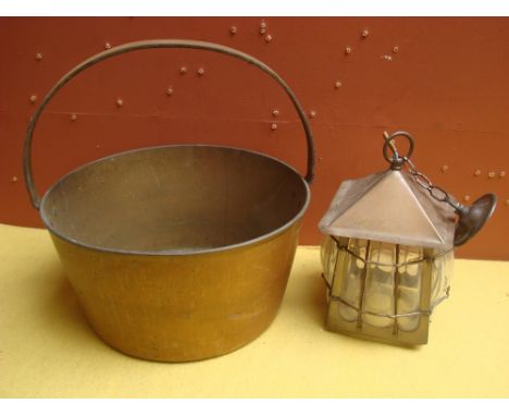 A brass jam pan, an arts and crafts style pendant outside/hall lamp. 