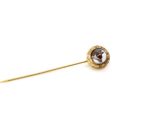 Victorian "Essex crystal" set gold stick pin in box. Showing a portrait of a Fox. Approx cabochon size 10mm, length 70mm