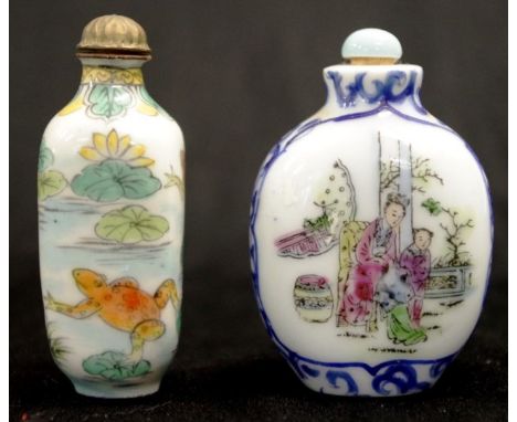 Two various Chinese ceramic snuff bottles each with hand painted decoration, with decorative stoppers, (height 7.5cm approx, 