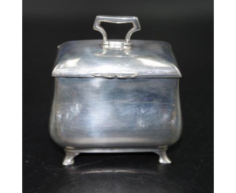 Sterling silver lidded tea caddy on four feet hallmarked London1910, maker: Carrington &amp; Co, 190 grams approx