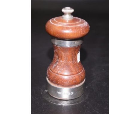 Elizabeth II sterling silver banded pepper mill London 1955, makers Hardy Brothers, pepper grinder with wood body, and sterli