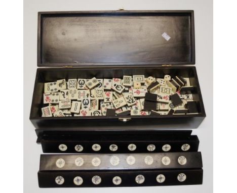 Good boxed Chinese Mahjong set decorated box, with pieces and playing frames to interior, (length 40cm approx).