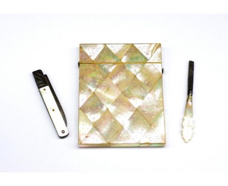 Antique Mother of pearl card case and other items with push button and swivel hinge. Decorated with carved sprays of flowers 