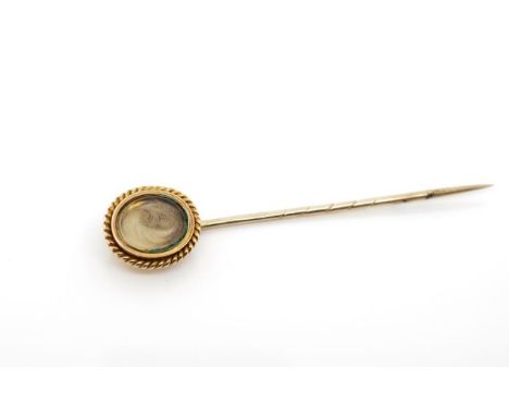 Victorian mourning stick pin engraved 1858 in memory of a kind father. Setting tests as gold