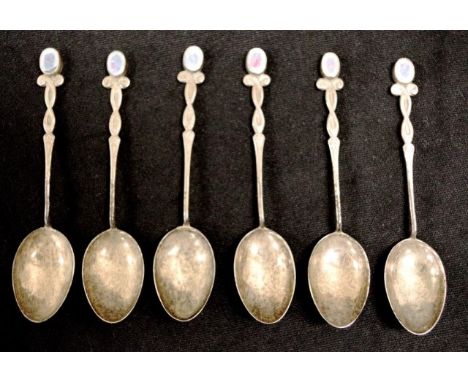 Set six  Australian opal set silver coffee spoons boxed set, each spoon marked STG, makers Prouds, with inset opal triplet to