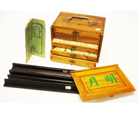 Vintage Chinese timber cased mahjong set with bone pieces and game piece stands &amp; manual