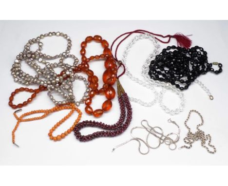 Beaded, costume and silver necklace group includes, silver box chain, rope twist chain, Rhodlite garnet, vintage coral, Frenc