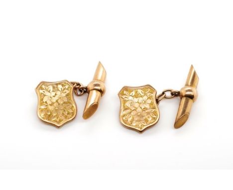 Antique 9ct rose gold cufflinks with rubbed 375 marks. shield bar and chain links. Engraved with a floral design. Approx weig