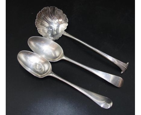 Three George III sterling silver spoons including sauce ladle, Onslow pattern, shell form bowl; and 2 various dessert spoons;