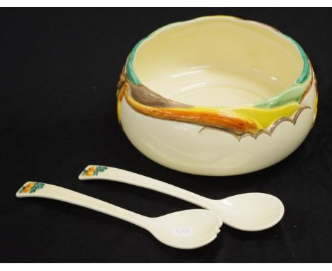 Clarice Cliff 'Beechwood' serving bowl marked to base, (diameter 20cm approx), together with pair ceramic serving spoon and f