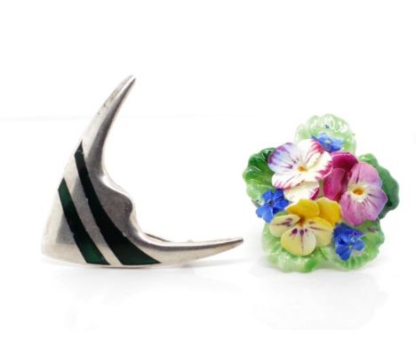 Danish "Fish" brooch  and a Porcelain brooch by Meka. In silver plate and enamel. Marked to reverse. Approx 48mm height. The 