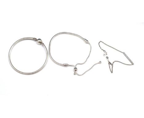 Three silver Pandora bracelets mixed Pandora &amp; Ale marks. the chain example has a a/f to claps. Approx lengths 20cm adjus