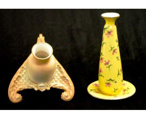 Two various early Worcester posy vases including cone shaped, floral decorated, on yellow ground, (height 13.5cm approx); and