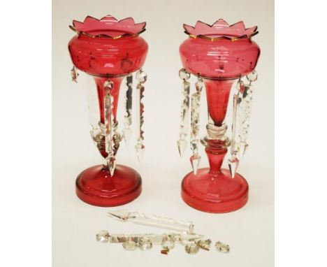 Pair of Victorian ruby glass lustres some drops as inspected