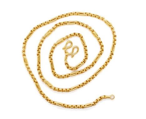 Oriental yellow gold chain link necklace with bar and belcher links. Marked Oriental marks and 96.5% to snake clasp. Approx l