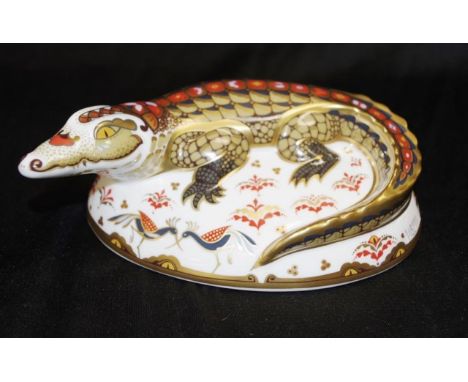 Royal Crown Derby "Crocodile" paperweight with gold button seal and signature to base, width17cm approx