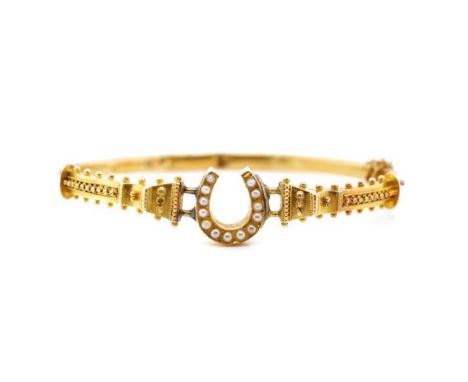 Victorian 15ct rose gold horse shoe bangle set with seed pearls. Marked Birmingham 625. Approx inside width 61mm, weigh 9.6 g