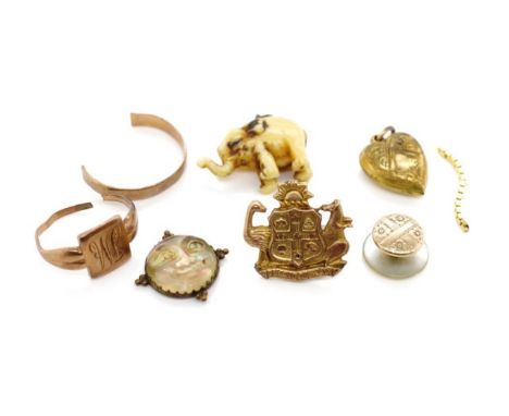 Antique gold parts and other jewellery includes marked 9ct (2.4 grams), a carved ivory elephant, a dress stud, a carved moon 