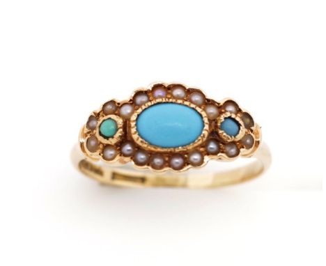 Antique Turquoise and seed pearl set gold ring marked Dingwall. Approx weight 3 grams, ring size M-N. Tests as 14ct