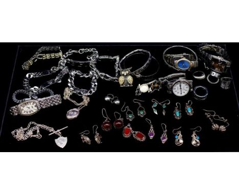 Silver, costume jewellery and watch group includes 8 pairs of marked 925 earrings, lorus, cardinal, jag watches for batteries