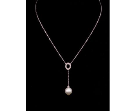 Pearl and diamond drop 18ct white gold necklace marked 750. Approx ringed pearl size 12.3mm dia, 22x round brilliant cut diam