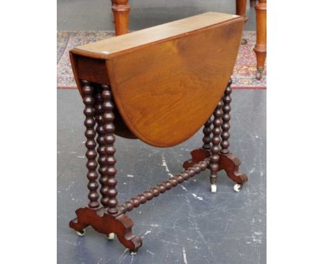 Victorian drop leaf Sutherland table with bobbin turned supports, 16.5cm wide, 90cm (extended), 76.5cm deep, 67cm high