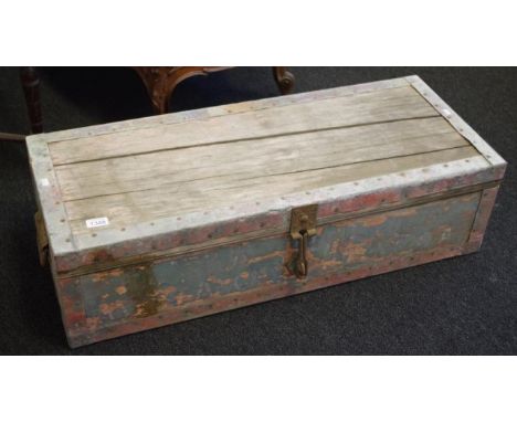 Early wooden Military trunk wood box, with metal binding, fitted interior (some wear), (length 92cm approx).