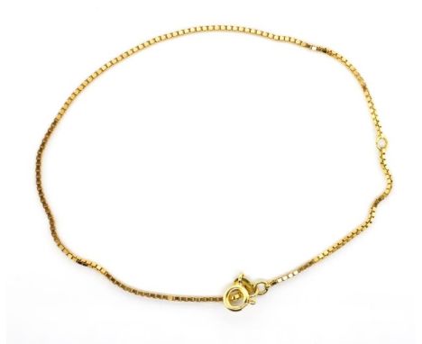 18ct yellow gold box chain bracelet marked 750. Clasp fixed to jump ring. Approx weight 3 grams length 20cm