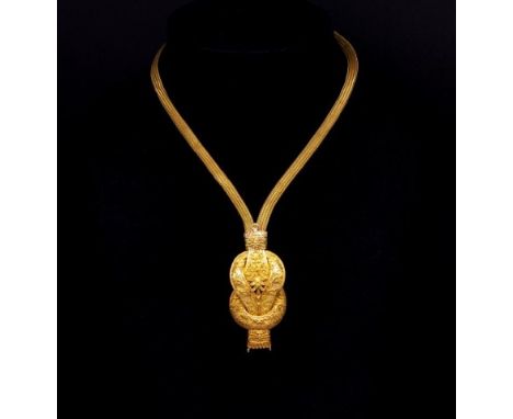 18ct yellow gold "reef knot" necklace for restoration. With Etruscan style figural work, multi strand wheat link mesh chain a