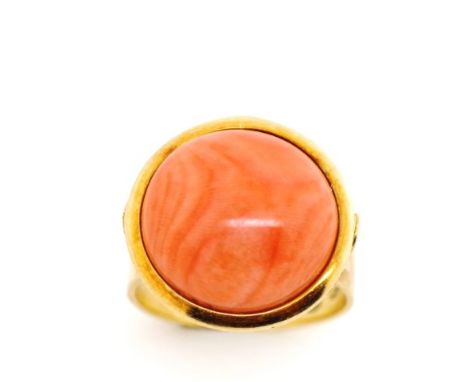 Coral and 18ct yellow gold ring marked 750. Approx Salmon colour coral cabochon size  14mm, weight 7grams, ring size K-L