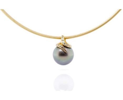 Tahitian pearl and diamond set pendant and Omega chain necklace. The setting and omega snake chain are both in 18ct rose gold
