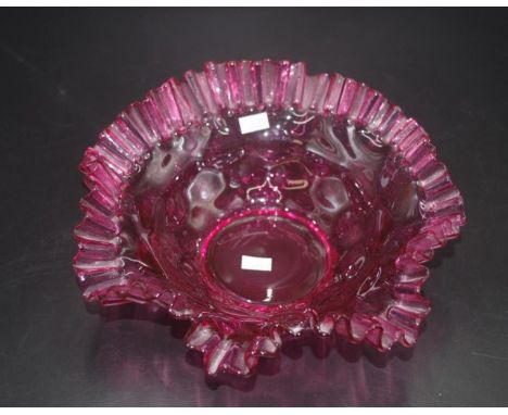 Antique ruby glass bowl crimped edge,  (diameter 25cm approx).