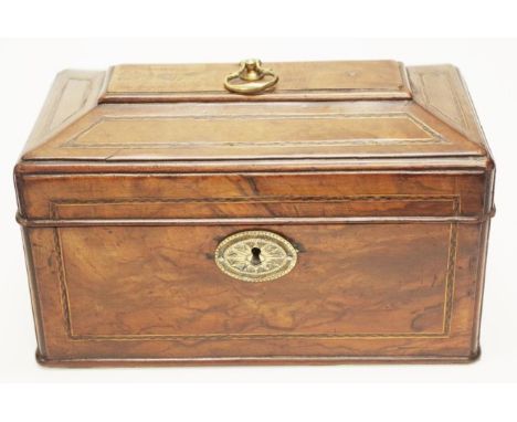 Georgian 18th C: walnut &amp; chequer inlaid tea caddy with original axe handle to lid with three section oak interior.