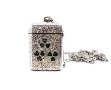 Antique Irish sterling silver vesta set with green agate shamrocks. Marked Dublin 1912 JC&amp;S. Approx weight 27 grams, ex t