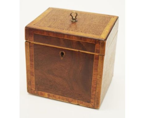 Georgian inlaid mahogany cube tea caddy with original axe handle to lid