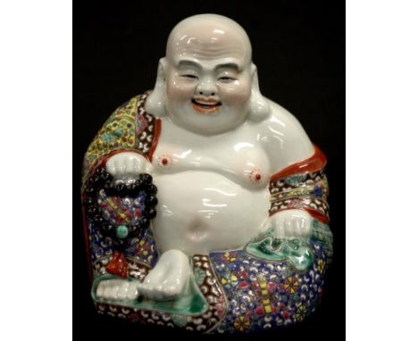 Chinese enamelled seated Buddha ceramic figure reign mark to base, height 15cm approx