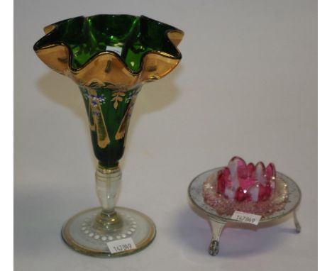 Victorian silver plate and ruby glass salt cellar together with a Bohemian gilt and enamel decorated posy vase