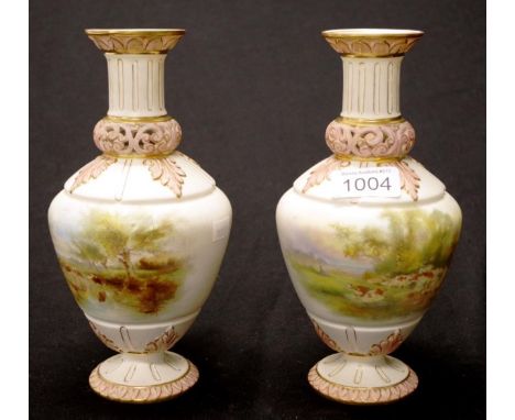 Pair of Grainger Worcester vases with reticulated collars &amp; handpainted rural scenes, 22cm high approx.
