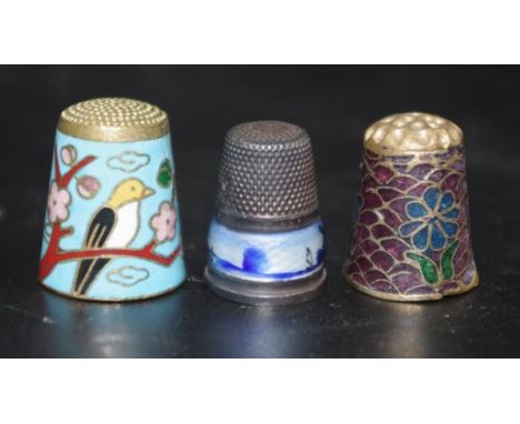 Three various vintage thimbles including a Dutch silver &amp; enamel, and 2 Chinese cloisonne