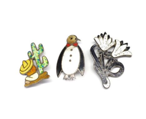 Three enamel and silver figural brooches all with Mexican silver marks. Approx weight 30 grams