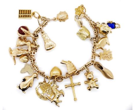 9ct rose and yellow gold charm bracelet with various charms marked 916, 925 but mostly 375 or unmarked. charms include: carve