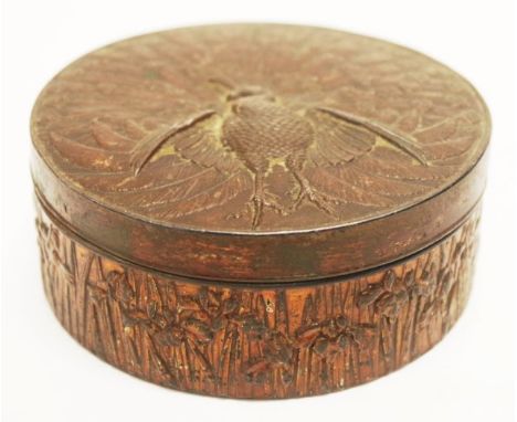 Vintage Japanese bronzed lidded trinket box embossed peacock decoration to lid, character mark to base, (diameter 10.5cm appr