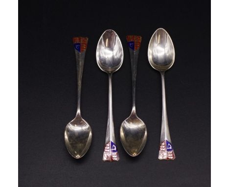 Four sterling silver &amp; enamel souvenir spoons hallmarked Birmingham 1955, 38 grams approx