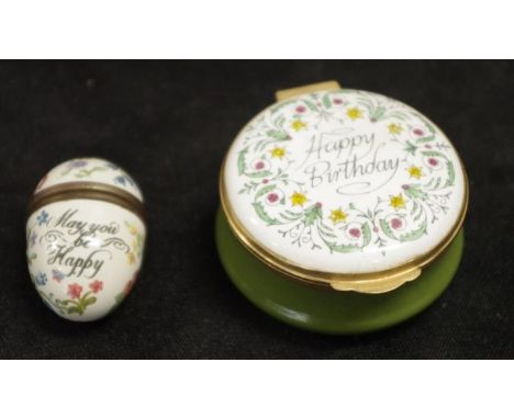 Two various English enamel pill boxes including Crummies 'Happy Birthday' lidded box, and a  Bilston miniature lidded boxes.