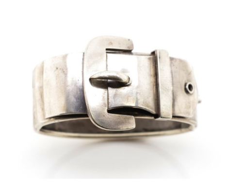Antique silver buckle bangle unmarked. For de bruising and straightening. Approx inside width 61mm, weight 47 grams. Tests as